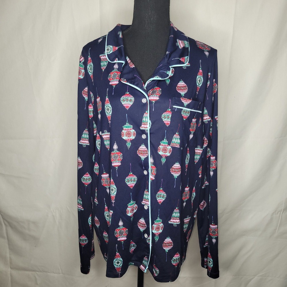 Kim Rogers Womens Pajama Top Navy Blue Christmas Ornaments Long Sleeve Button Up